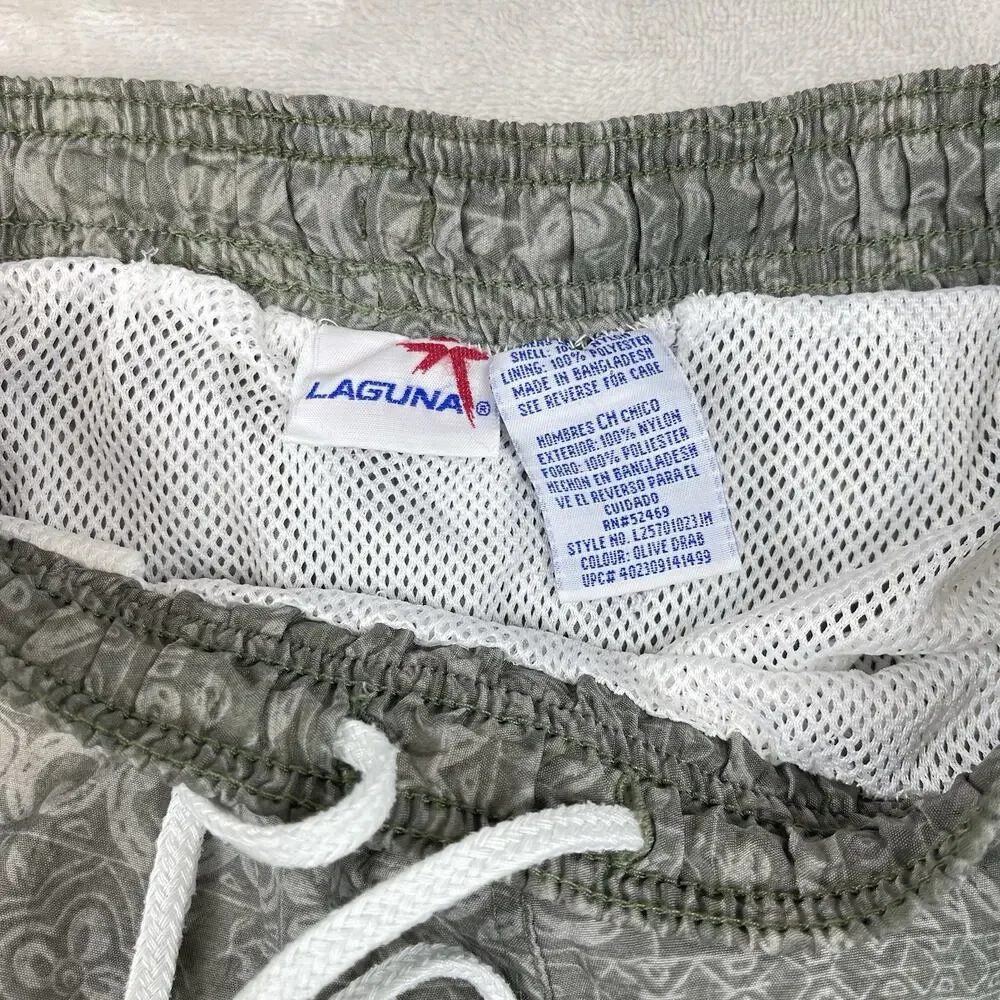 Vintage Y2K Laguna Swim Trunks Men's Small Olive Bandana Paisley Mesh Lined Surf